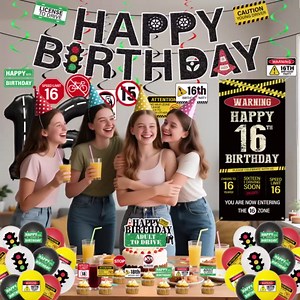 16th Birthday Decorations Boys Banner - 46 Pcs Glitter New Driver Banner Balloons Backdrop Cake Cupcake Toppers Caution Logos Traffic Signs Decor For Boys Girls 16 Year Old Party Supplies