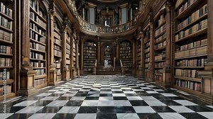 A beautiful, vintage, wooden library interior with countless historic books. A black and white marble checkerboard floor. An architectural monument filled with knowledge.