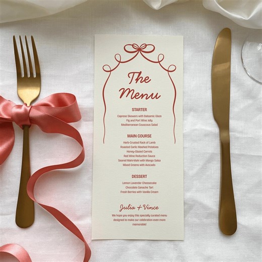 Modèle de menu de mariage fantaisiste, menu du dîner dessiné à la main, carte de menu de table de réception rétro, menu grand rouge, menu mince fantaisie, RWHIM - Etsy France