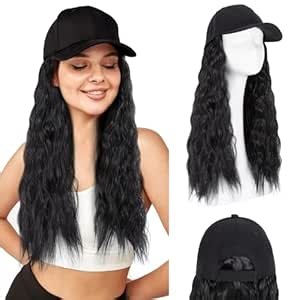 Hairro Hat Hair Extensions Baseball Cap With Hair Attached Synthetic Curly Corn Wave Wig Yaki Natural Adjustable #1 dark black
