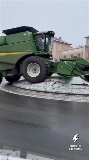 A combine harvester crosses a roundabout decorated for Christmas 🎄🚜