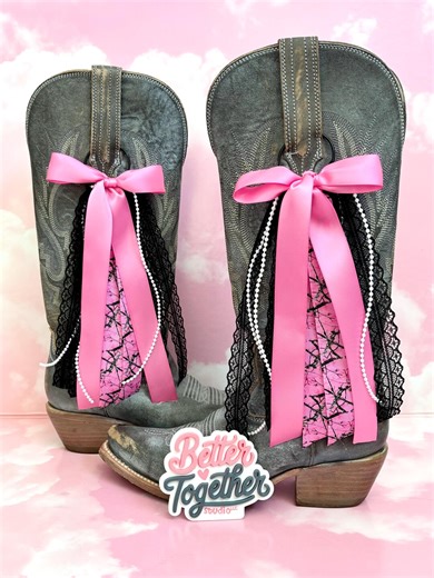 Pink Camo Boot Bows | Megan Boot Bows | Country Concert Boots | Pink Camo Ribbon Boot Bows | Lace & Pearls Boot Bows | Cloud 9 Tour Outfit - Etsy
