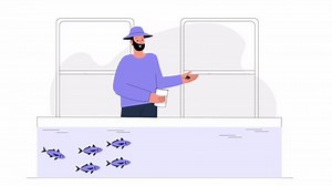 Flat character scene animation showing the process of aquaculture, with characters involved in fish farming, feeding, harvesting, and ensuring sustainability in marine farming practices.