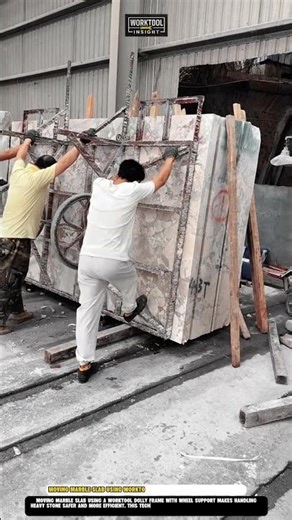 Moving marble slab using Worktool dolly frame with wheel support