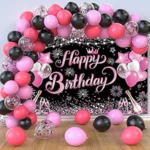 Black Pink Birthday Party Decorations Pink Birthday Decorations for Women Girls, 50Pcs Pink and Black Balloons and 1Pcs Pink Black Happy Birthday Banner Backdrop Women Birthday Party Supplies