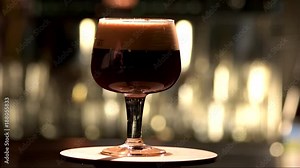 Snifter glass with black stout beer exposition. Dark beer in a wine glass rotating.