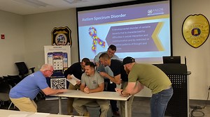 Officer Higgins participating in the Crisis Intervention Team (CIT) Training sensory overload exercise. He was supposed to memorize what Sgt. Vickers was reading to him. | Opelika Police Department