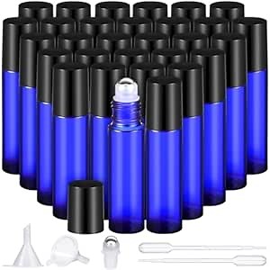 Domensi 30 Pcs Essential Oil Bottles, 10 ml Glass Bottle with Stainless Steel Roller Ball and Cap for Travel, Perfume, Lip Balm, 2 Funnels, 0.5 ml Dropper(Cobalt Blue)
