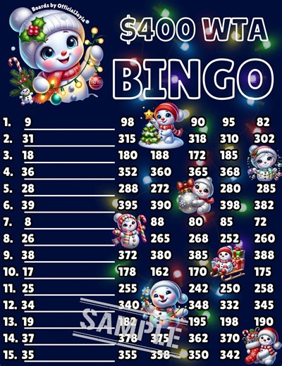 Christmas 400 Wta Bingo Board - Etsy