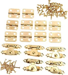 dophee 5Pcs Decorative Box Hasps and 10Pcs Vintage Small Hinges Kit, Gold | Jewelry Box Hinges and Latches Buckle with Screws for Small Cabinet Wooden Box DIY Crafts Dollhouse Gift Boxes