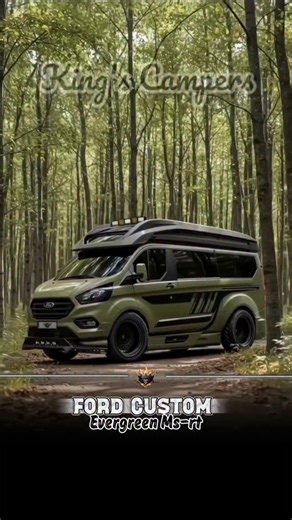King's Campers on Instagram: "Ford | Transit Custom MS-RT | “Evergreen GT” – AI digital design Street-bred MS-RT reimagined as a stealth forest sprinter: matte sage widebody with full MS-RT aero kit, aggressive front splitter, side skirts and diffuser, deep-dish black alloys, quad exhaust setup and roof-mounted pod LEDs for night runs. Pop-top conversion adds a hidden loft sleeper, while the cabin keeps a performance vibe with sport-trim cockpit, green-stitched seats, dark materials, compact gal