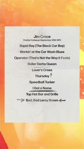 Setlist from Jim’s performance at Prather Coliseum, 20th September 1973. #setlist #livemusic #70s