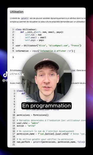 Comment récupérer un attribut dynamiquement sur une instance ? Je t'explique la fonction getattr. #python #code #coding #developpeur #programmation