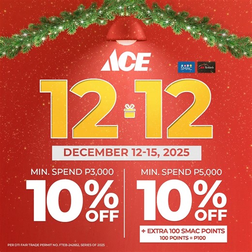 🎁 ACE your Christmas, ACE your Gifts! It’s deal season at ACE!🎄 🛒Shop the ACE 12.12 Sale from Dec 12–15 for everything you need to prep for the holidays — plus gifts that keep giving all year round. Enjoy 10% OFF when you shop with a ₱3,000 minimum spend and use your SMAC / ARC. Get 10% OFF EXTRA 100 points with a minimum spend of ₱5,000. 📍Catch the discounts at ACE Hardware #SMSanLaz located at 2nd Level, South Wing, for a limited time only! #ACEHardwarePH #ACEHelpful #EverythingsHereAtSM #