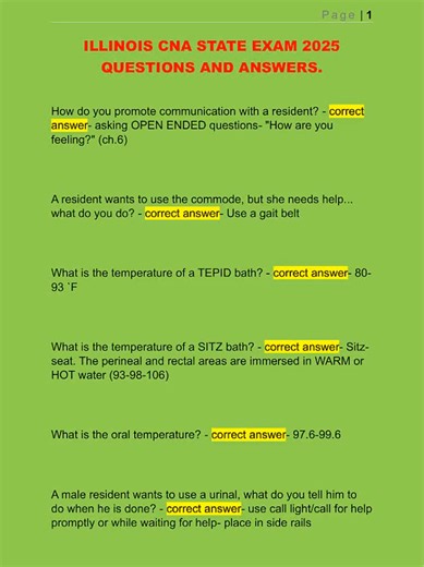 Illinois CNA State Exam? These Are the *Exact* Questions You’ll See in 2025! 🚨 Straight from the latest test bank—verified Illinois CNA state exam questions with correct, graded answers that match what’s actually being used by the Illinois Department of Public Health right now. No fluff. No outdated material. Just real questions on resident rights, safety, hygiene, communication, and clinical judgment. And yes—we also provide full Illinois-specific CNA prep: video skill demos, written exam walk