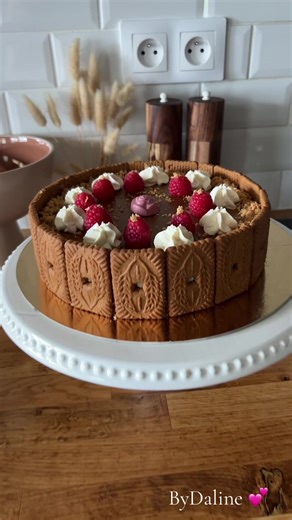 Le cheesecake spéculos aux framboises à l’intérieur et son coulis de fruits rouges ByDaline 💕 #cheesecake #framboise #gateauanniversaire #coulisfruitsrouge 💕