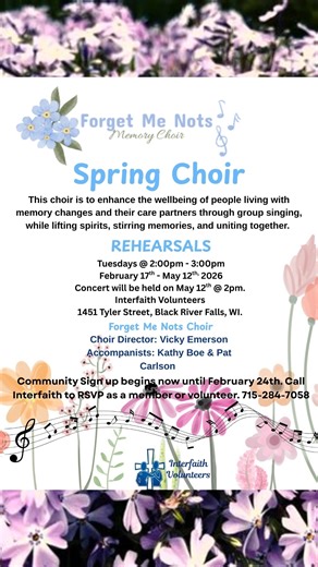 Interfaith Volunteers in Jackson County, Wisconsin invites everyone to the Forget Me Nots Memory Choir Kick Off Event! Join Director Vicky Emerson on Tuesday, Feb. 17th, 2–3 PM at the Interfaith Community Room for a meaningful sing-along. No experience is required—all are welcome! 🎶 | Explore Black River Country