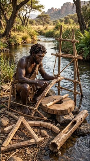 How did ancient humans harness flowing water to make a wooden wheel spin? 💧⚙️ #AncientEngineering #PrimitiveTechnology #AncientInventions #PrimitiveMachines