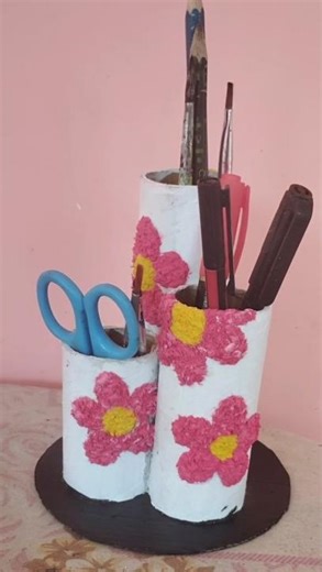 Diy pen holder with cardboard and tissue paper✨#penholder #handmade #crafting #shorts