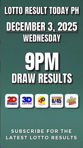 PCSO 2D 3D 4D 6/45 6/55 Lotto Result Today 9pm Draw December 3 2025