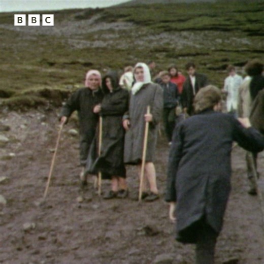 #OnThisDay in 1971, Late Night Line-Up marked St Patrick's Day by filming plenty of perseverant pilgrims making the schlep up Croagh Patrick, or 'The Reek', in County Mayo on the west coast of Ireland. 🔊 Sound on for this one, ASMR fans – there is squelching and sloshing in abundance. And not a pair of hiking boots in sight. | BBC Archive