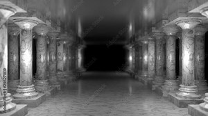 3d rendering abstract background of antique colonnade, classical ancient tuscan order white marble columns in a row. Moving the camera forward. 3D animation 4K