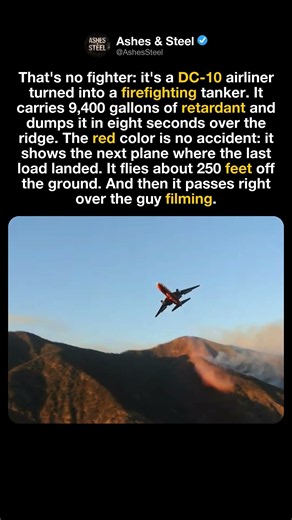 A DC-10 air tanker drops 9,400 gallons and flies right over the camera
