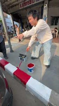 Trying to paint red lines on the road for the first time. #funny #sidewalk #meme #experience #vol...