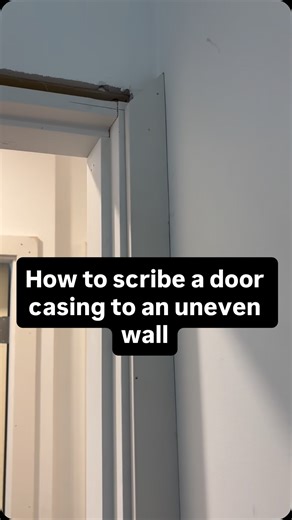 Jake Freeman - Finish Carpentry Contractor on Instagram: "How I scribe a door casing to an uneven wall 👇 1. Remove the door if the casing is on the hinge side. 2. Cut a scribe block and mark your reveal line. 3. Tack the casing onto the frame, lining it up with the reveal on the block. 4. Trace the wall profile onto the casing. 5. Cut to your line freehand on the table saw with a slight bevel for a tight fit. #finishcarpentry #trimcarpentry #carpentry"