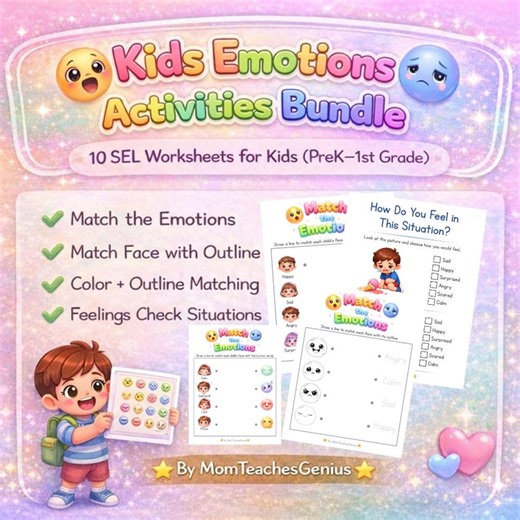 Kids Emotions Worksheets Bundle | Match the Emotions | Feelings Activities for Kids | SEL Printable | Preschool Kindergarten | 10 Pages - Etsy