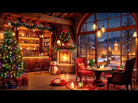 Cozy Christmas Coffee Shop Ambience & Warm Crackling Fireplace🔥Christmas Jazz Instrumental Music