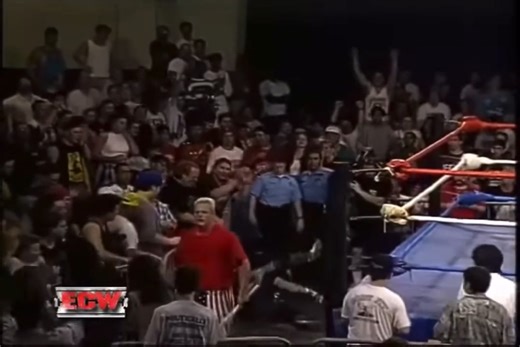 Sandman with an impressive leap over the top rope | The Original ECW