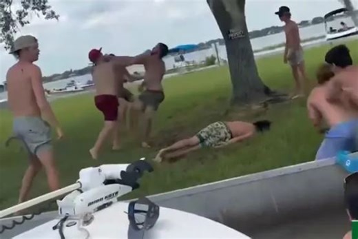 Shock moment wild brawl breaks out in front of families at picturesque lake