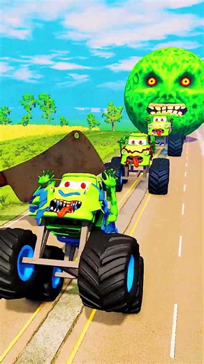 Big & Small Moon and Zombie Monster Tow Mater Cars vs Giant Butcher Knife - BeamNG.Drive