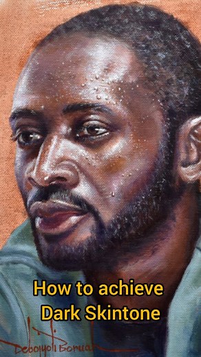 Achieving realistic dark skin tones in acrylic portrait painting requires careful layering and color mixing. Start with a light base coat with Burnt Sienna. Start adding middle tone with Burnt Sienna and Yellow Ochre and White. Ultramarine blue, crimson, white and umber for the highlights. Then gradually build up additional highlights using white and highlight tones with a round brush. The key is blending smoothly and adding subtle glazes to capture depth, richness, and natural warmth of the ski