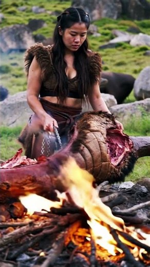 A primitive woman prepares a leg of a mammoth #shorts