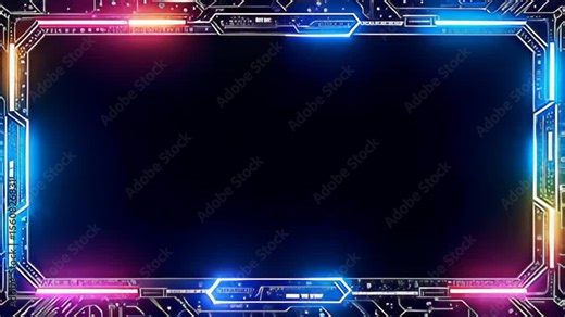Transform your visual storytelling with a radiant Futuristic tech Border Frame with circuit like edges, enveloped by a vibrant tapestry of electric light patterns that shimmer and pulse,