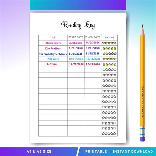Reading Log PRINTABLE - Reading Log - Book Tracker - Habit Tracker - Reading Chart- Reading Tracker - Planner Page - Instant Download -A4,A5 - Etsy