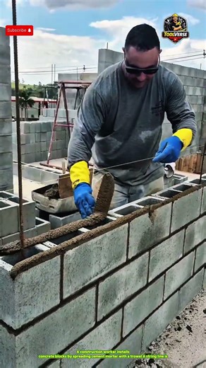 Neat Concrete Block Installation! Builder Uses String Line and Trowel Technique #construction