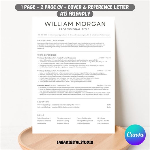Two Page Resume Template | Professional CV & Cover Letter | Modern Minimalist Canva Resume | 2025 Editable CV Design - Etsy New Zealand