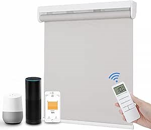 Motorized Roller Shade with Remote Control, 100% Blackout, Smart Blind for Windows, Compatible with Alexa and Google Home, Rechargeable Battery