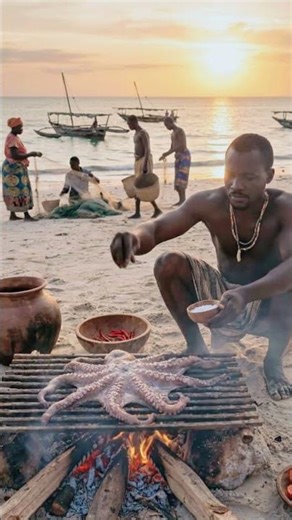 Giant Octopus Cooked by African Coastal Tribe 🔥🐙! #tribalcooking #shorts #primitivecooking