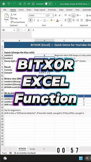 Excel A–Z in 60s: BITXOR — Bitwise XOR Explained #Excel #BITXOR #ExcelShorts #ExcelTips