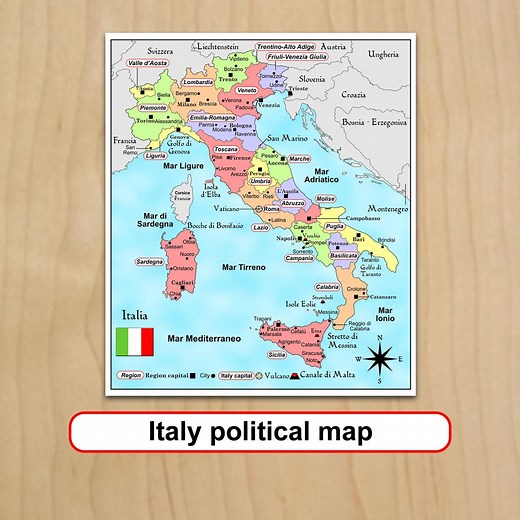 Italy Political Map Travel Plans Regions Cities Capitals JPG Digital Download - Etsy