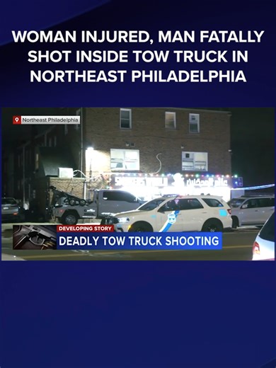Police say two gunmen opened fire on a tow truck in Northeast Philadelphia, killing one man and injuring a woman.