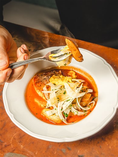 ROUX | golden sear, bright finish. pan roasted halibut —bouillabaisse broth, fingerling potato, rouille, shaved fennel salad. | Instagram