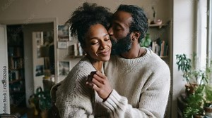 Cherished Moment of a Couple: A tender scene captures a loving couple embracing indoors, where a gentle kiss expresses their deep affection and the warmth of their bond.