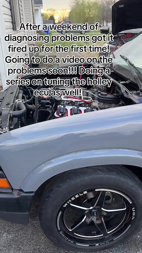 Finally after a week end of diagnosing problems got it fired up for the first time!! #S10 #lsswap #turbols #muscletruck #holleyequipped #nitrousoutlet #s10life #lsswapped #GoDriveIt #dragracing #racetruck #racetok #ls1 #ls3 #lsx #hotrod #truckbuild #lowered #dropped #forcedinduction