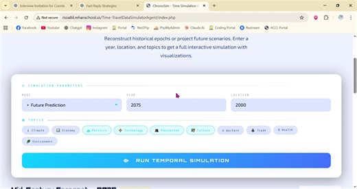 Roll # RSOA 84 Book #5 Task #21 ⏳🖥️ Just developed a fully functional Time-Travel Data Simulator — a complete platform jahan users apne data ko simulate aur explore kar sakte hain across different timelines and scenarios. 🔥 Key Features: ✅ Secure Signup / Login – Mobile/email verification & password protection ✅ Timeline Simulation – Explore your data in past, present, and future scenarios ✅ Data Upload & Management – Import datasets and manage them easily ✅ Scenario Analysis – Test “what-if” 