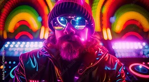 dedicated sound technician, their expression illuminated by the vibrant colors of a psychedelic audio spectrum display